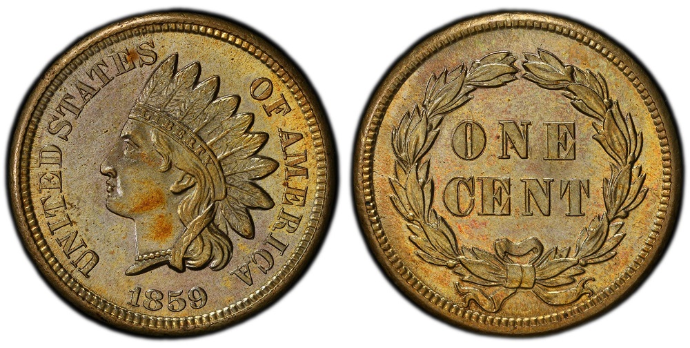 1859 Indian Head penny obverse and reverse showing the laurel wreath design, first year of the series