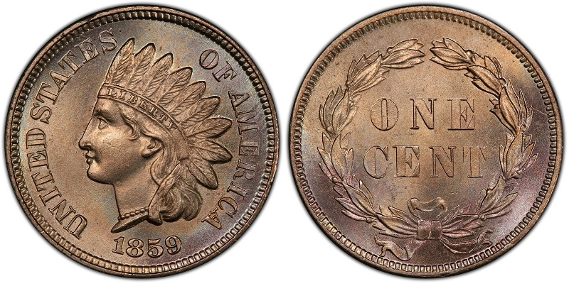Side-by-side comparison of a standard 1859 Indian Head cent date vs. the FS-301 Snow-1 Repunched Date variety showing secondary digit impressions