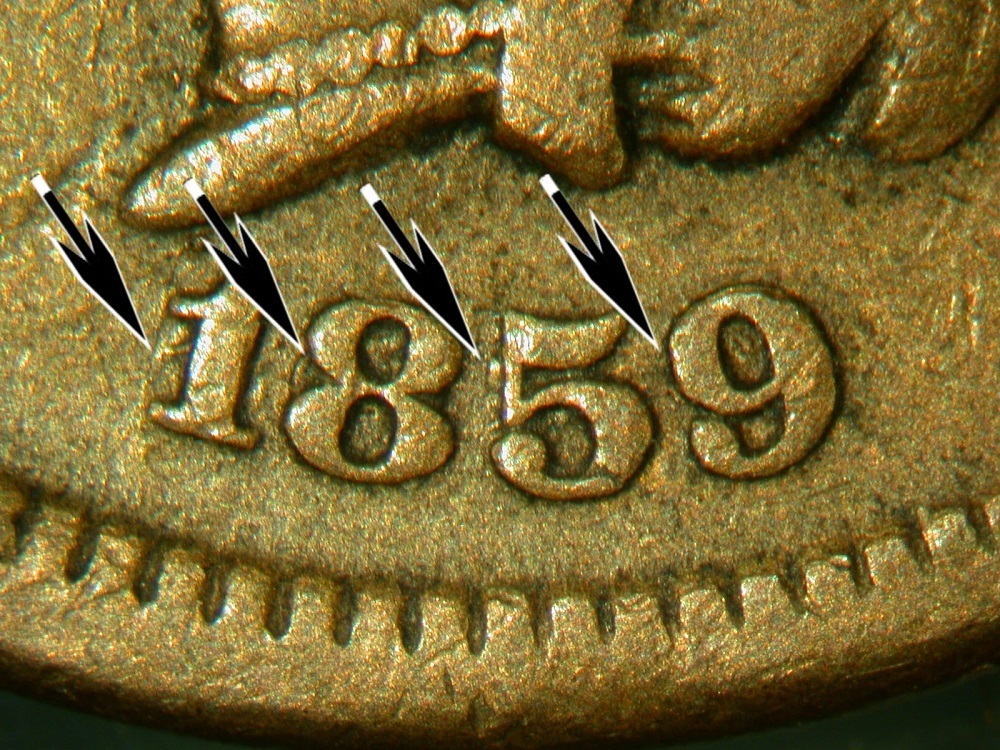 FS-301 Snow-1 Repunched Date on 1859 Indian Head cent — close-up of date area showing secondary digit impressions south-southwest