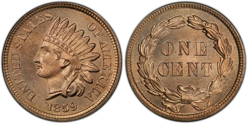 FS-801 Doubled Die Obverse on 1859 Indian Head cent — close-up of LIBERTY headband showing shelf-like doubling on the L and I letters