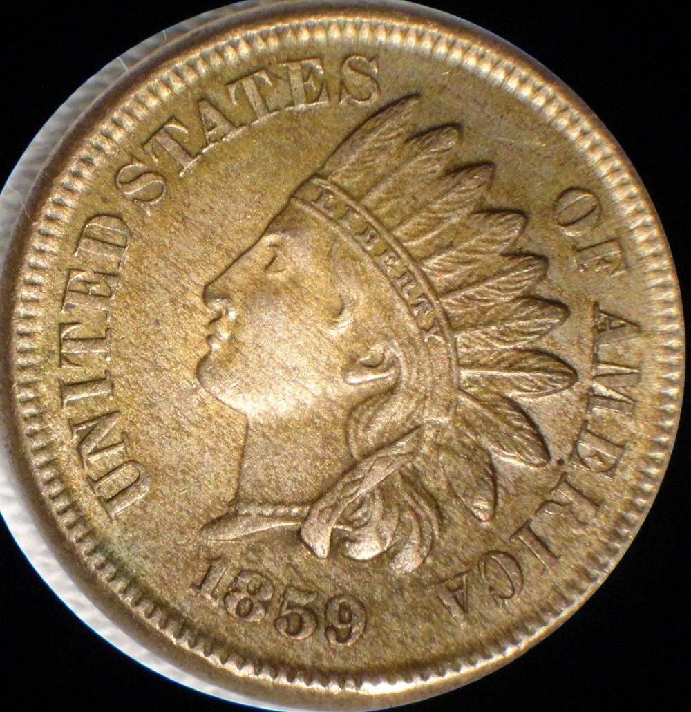 1859 Indian Head cent die cud error showing a raised featureless blob at the rim from a fractured die segment
