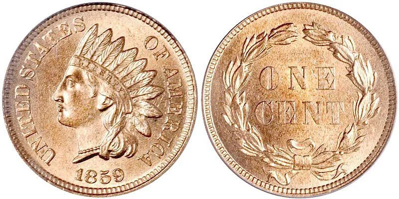 Grading strip showing four 1859 Indian Head cents from Good through Mint State condition for comparison